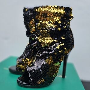 Sz 5‎ 1/2 Black and Gold Sequin Bootie Peep Toe Heels 5.5 Party Birthday Sexy